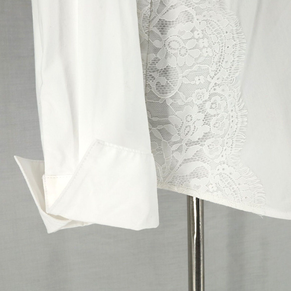 Chicos Top 2 Womens Large 12 White Blouse Cuffed Lace on Sides Buttons Academia - Picture 11 of 16